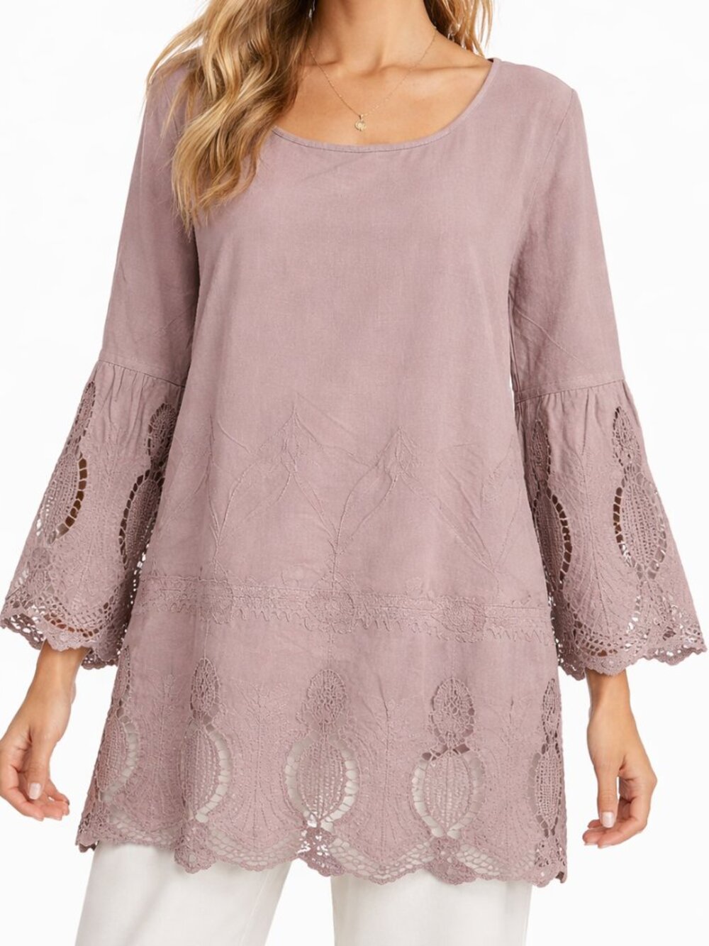 Alyssa Taupe Embroidered Lace Tunic Top L Boho Bell Sleeve Coastal EUC
